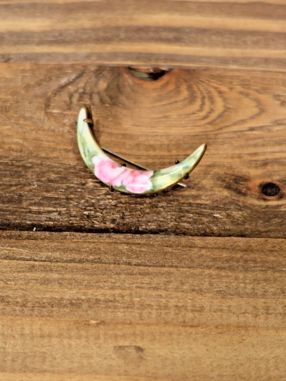 Vintage Victorian Porcelain Crescent Brooch Pin with Roses Brass Hand Painted
